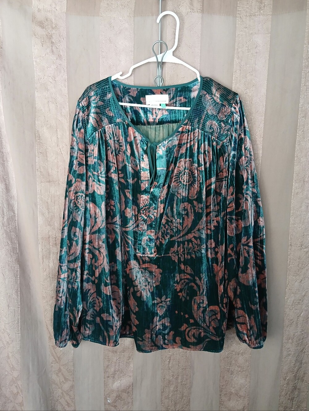 🏷️ Anthropologie Women's Top Faustine Velvet Teal Floral Peasant Plus 0458 - Picture 2 of 14